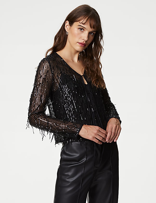Sequin V-Neck Tie Front Blouse