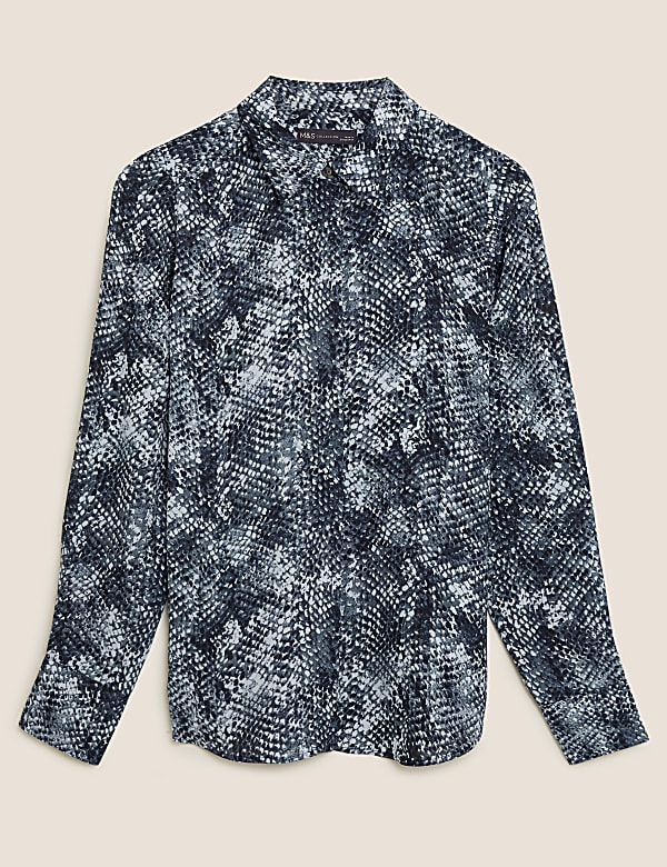 Snakeskin Print Collared Long Sleeve Blouse - JP