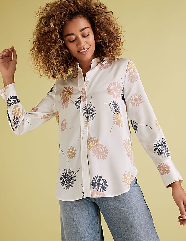 Satin Dandelion Print Long Sleeve Shirt