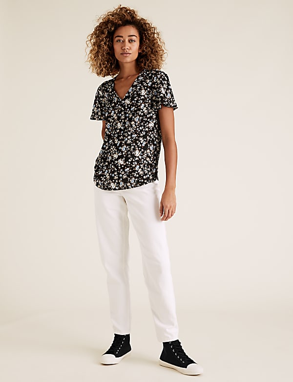 Floral V-Neck Flutter Sleeve Blouse