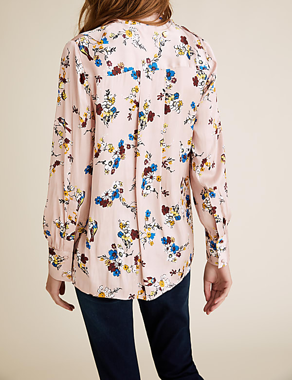 Satin Floral Tie Neck Ruffle Blouse