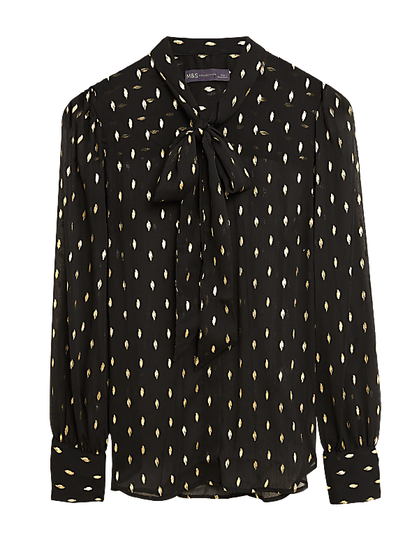 Polka Dot Pussybow Puff Sleeve Blouse