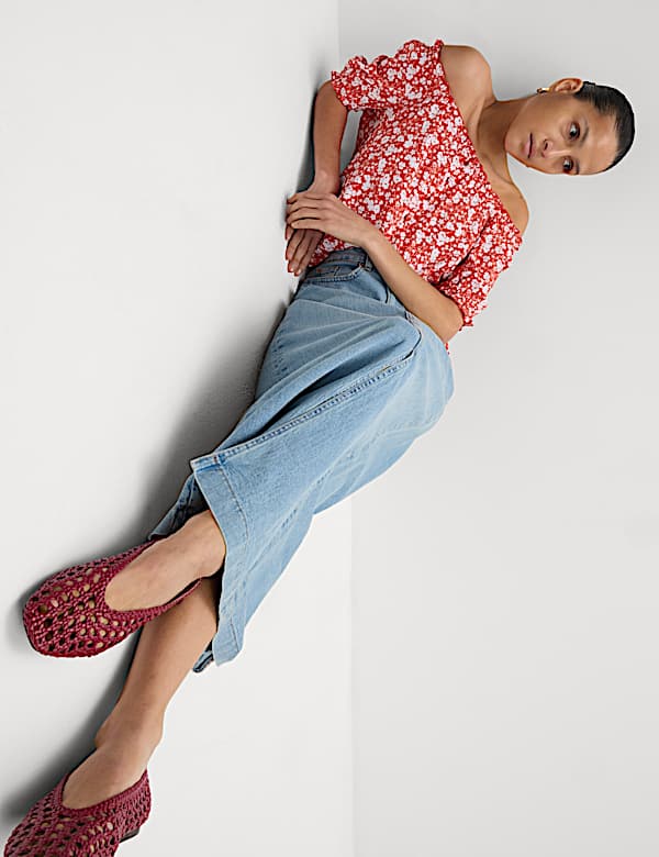 Printed Square Neck Puff Sleeve Blouse