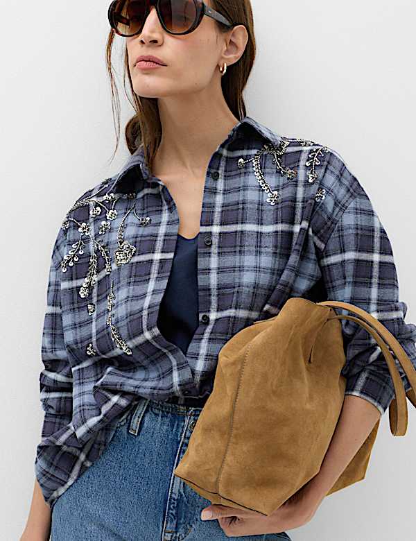 Pure Cotton Embellished Checked Shirt