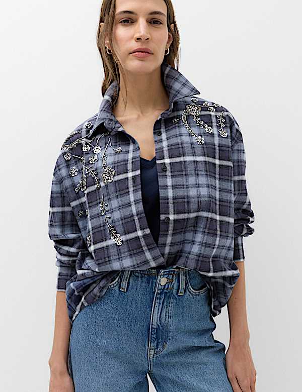 Camisa a cuadros con adorno 100 % algod&oacute;n - US
