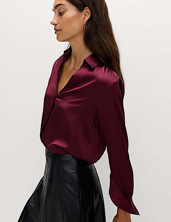 Satin Collared V-Neck Button Through Shirt - GR