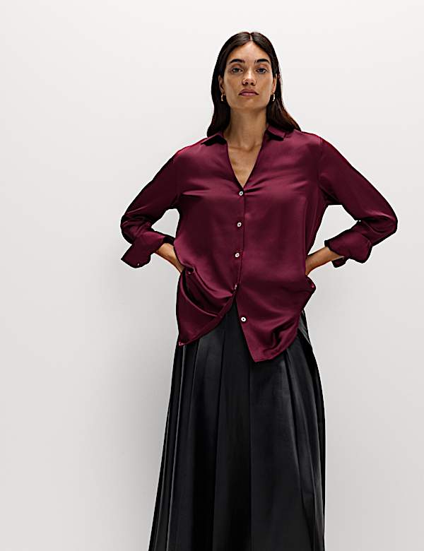 Satin Collared V-Neck Button Through Shirt