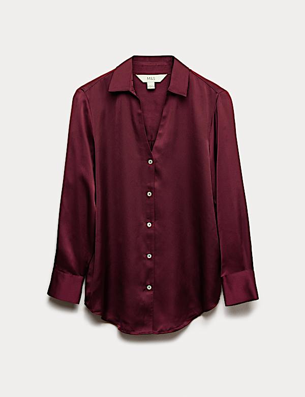 Satin Collared V-Neck Button Through Shirt - CZ