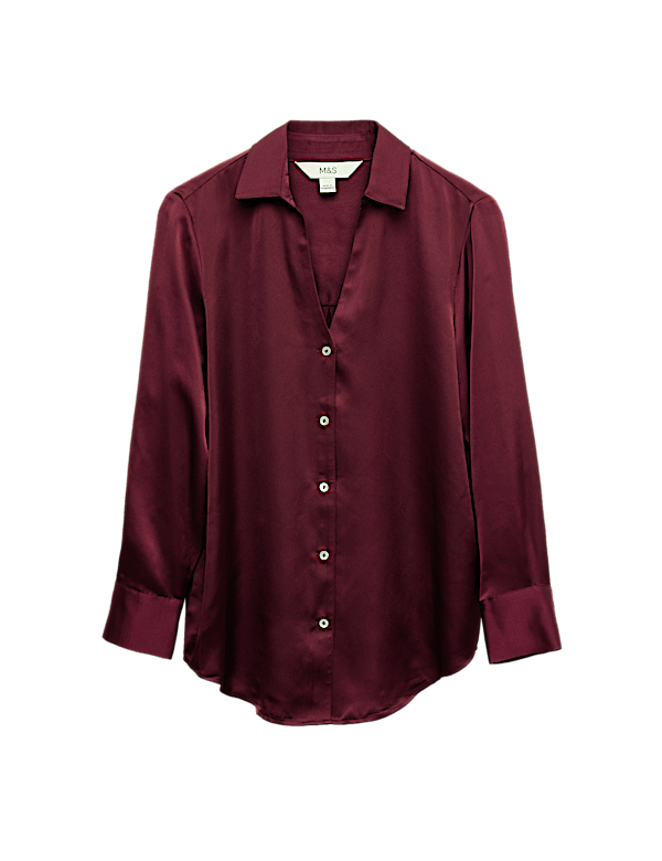 Satin Collared V-Neck Button Through Shirt