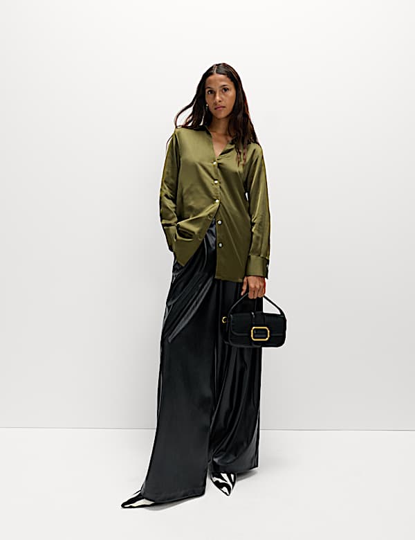 Satin Collared V-Neck Button Through Shirt - RO
