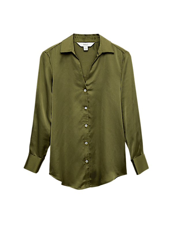 Satin Collared V-Neck Button Through Shirt
