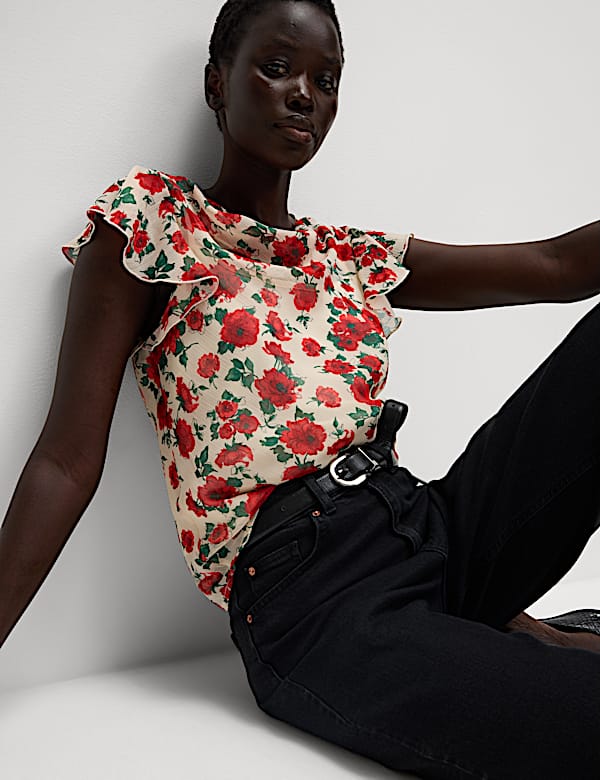 Floral Cowl Neck Ruffle Sleeve Top