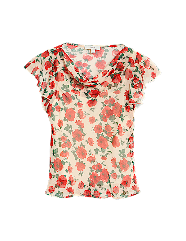 Floral Cowl Neck Ruffle Sleeve Top