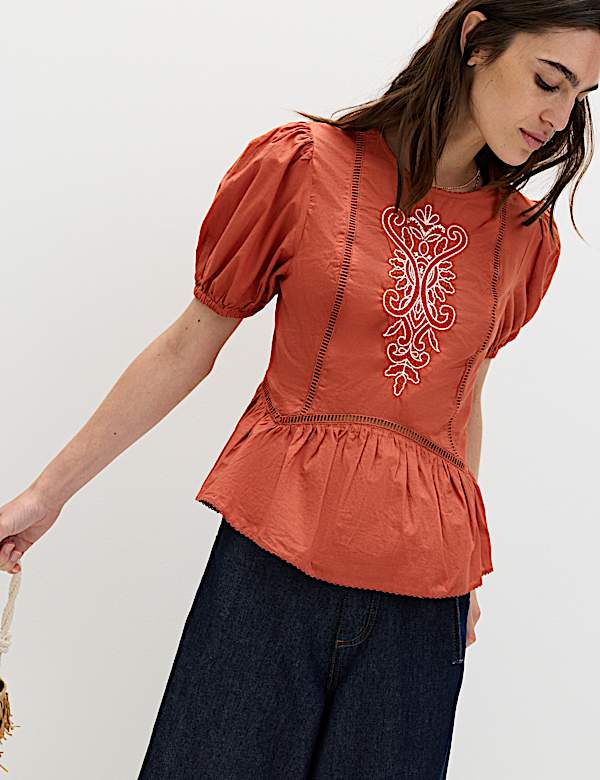 Pure Cotton Embroidered Puff Sleeve Blouse - ES