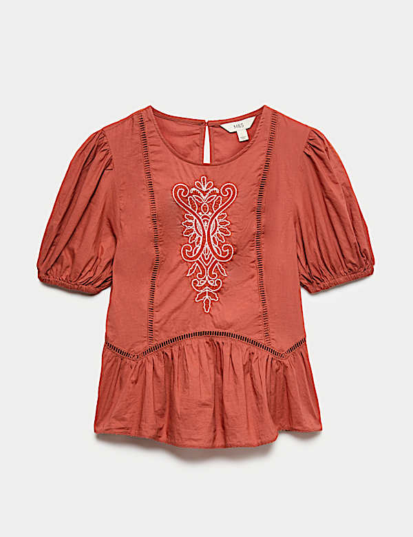 Pure Cotton Embroidered Puff Sleeve Blouse - ES