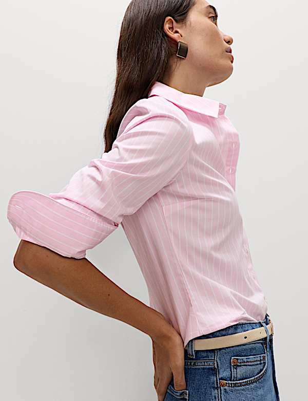 Cotton Rich Striped Collared Fitted Shirt - NL