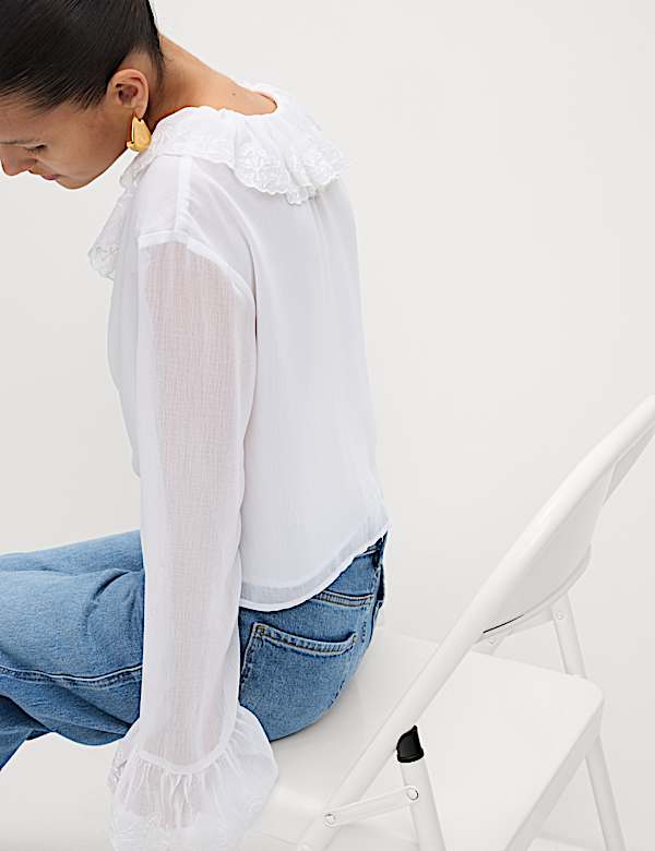 Frill Neck Broderie Button Through Blouse