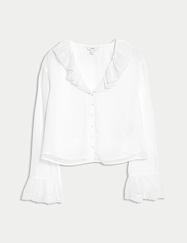 Frill Neck Broderie Button Through Blouse - ID
