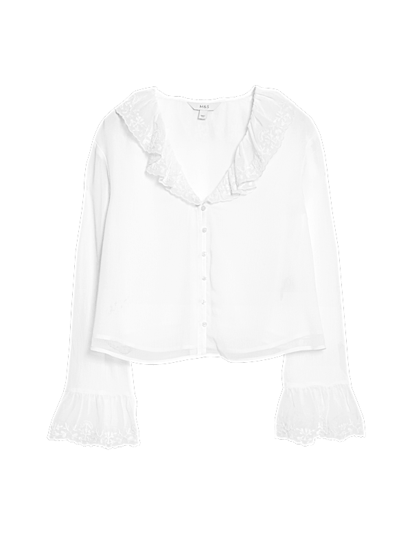 Frill Neck Broderie Button Through Blouse