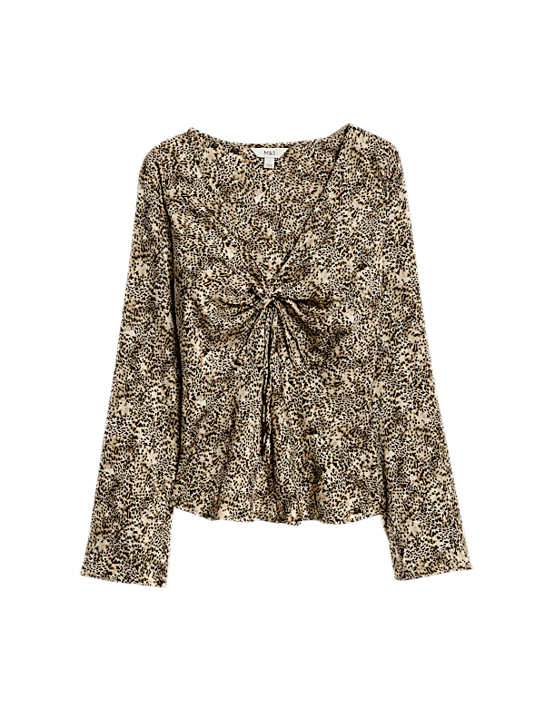 Satin Animal Print Tie Front Top