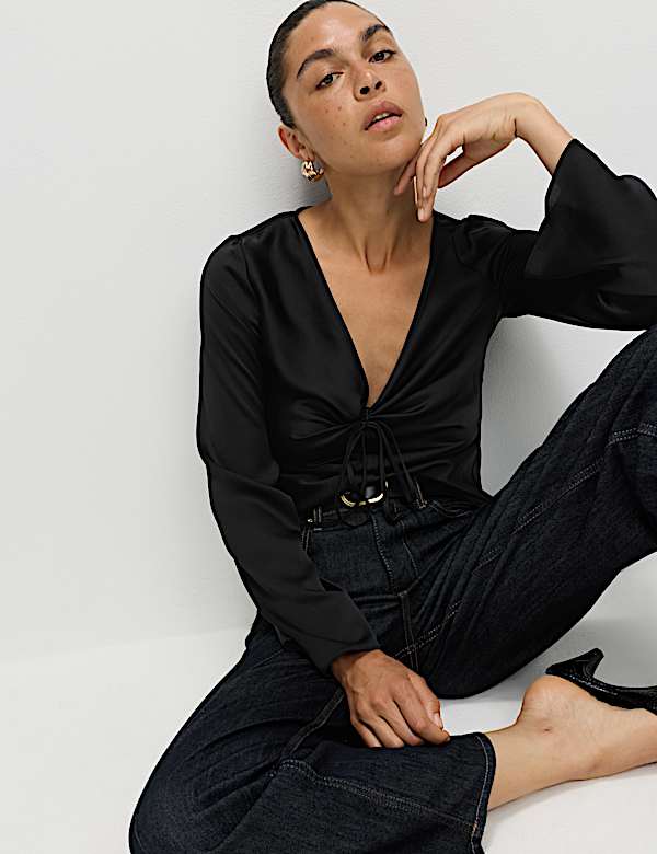 Satin Tie Front Long Sleeve V-Neck Top
