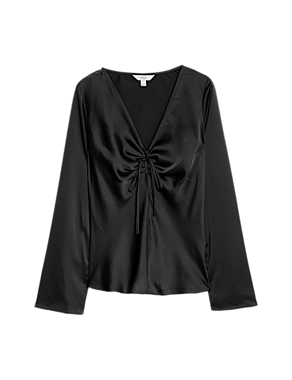 Satin Tie Front Long Sleeve V-Neck Top
