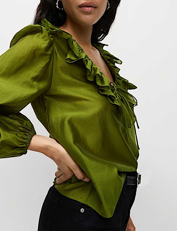 Lyocell Rich Frill Detail V-Neck Top