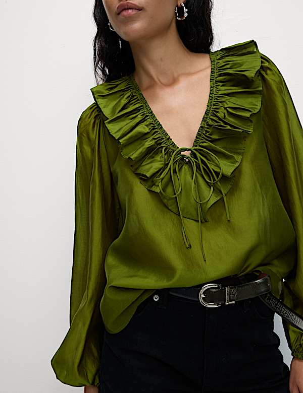 Lyocell Rich Frill Detail V-Neck Top