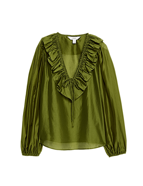 Lyocell Rich Frill Detail V-Neck Top
