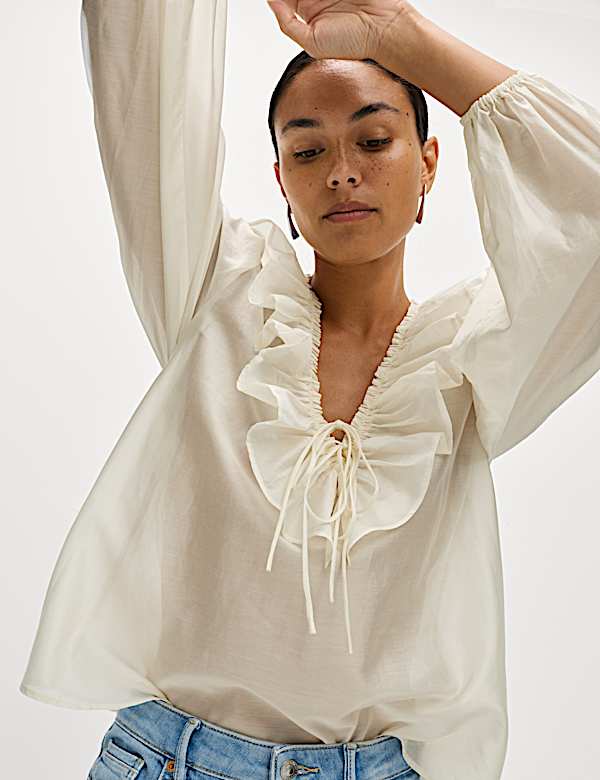 Lyocell Rich Frill Detail V-Neck Top - SE
