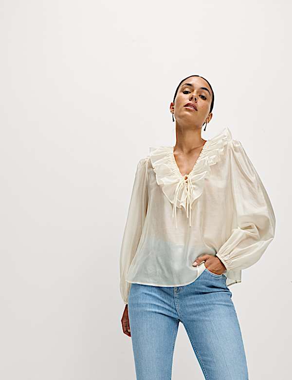 Lyocell Rich Frill Detail V-Neck Top - HU