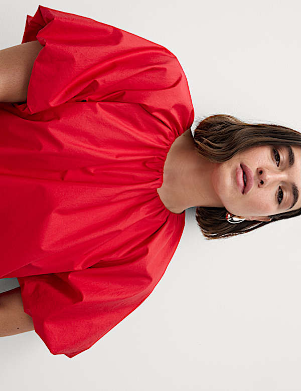 Pure Cotton Bubble Hem Puff Sleeve Top