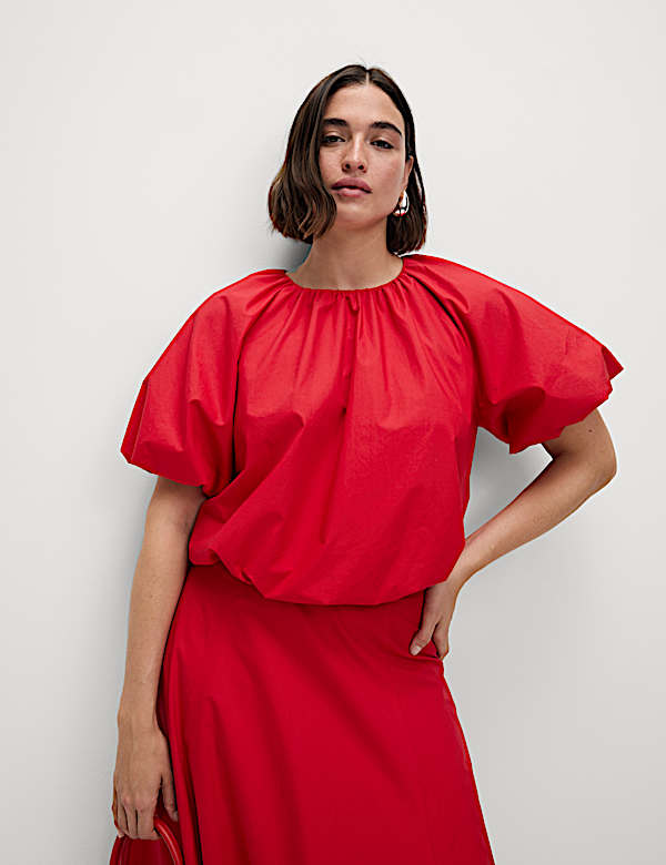 Pure Cotton Bubble Hem Puff Sleeve Top