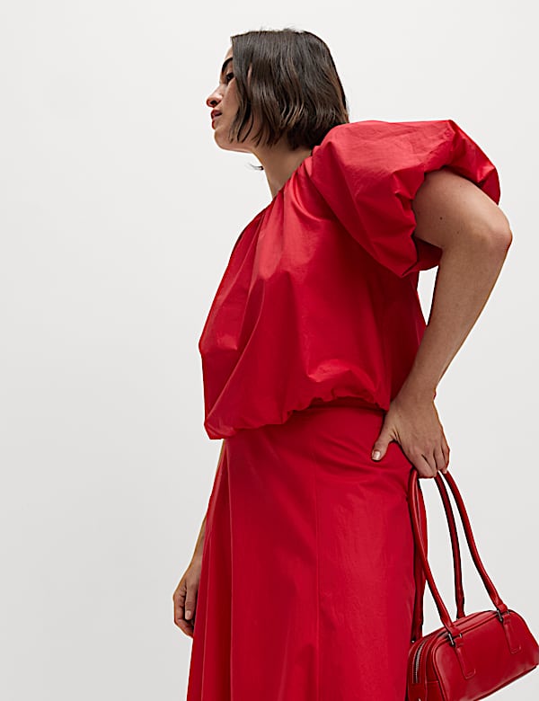 Pure Cotton Bubble Hem Puff Sleeve Top