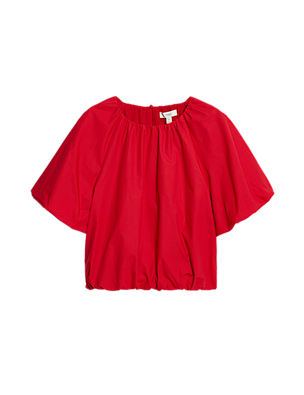 Pure Cotton Bubble Hem Puff Sleeve Top