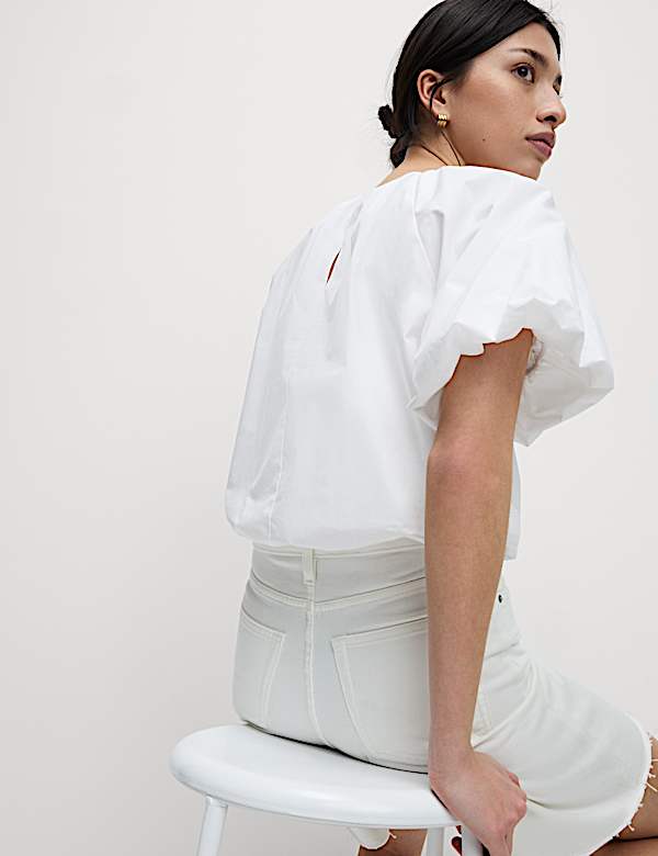 Pure Cotton Bubble Hem Puff Sleeve Top