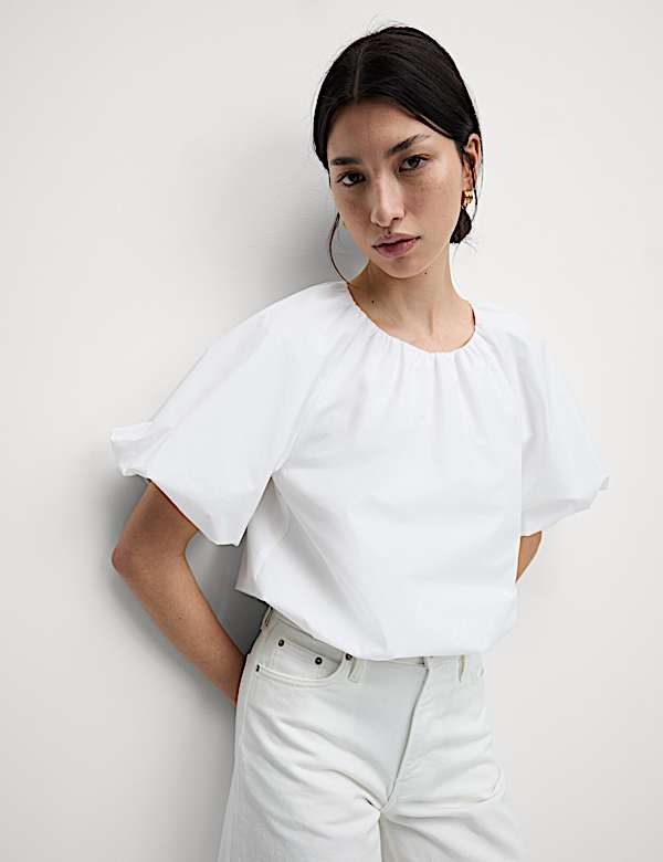 Pure Cotton Bubble Hem Puff Sleeve Top