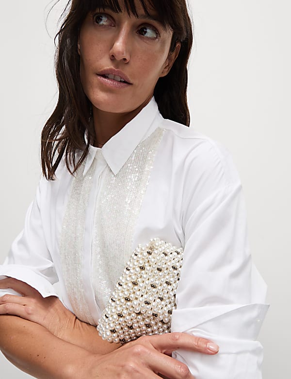 Pure Cotton Sequin Sparkly Collared Shirt
