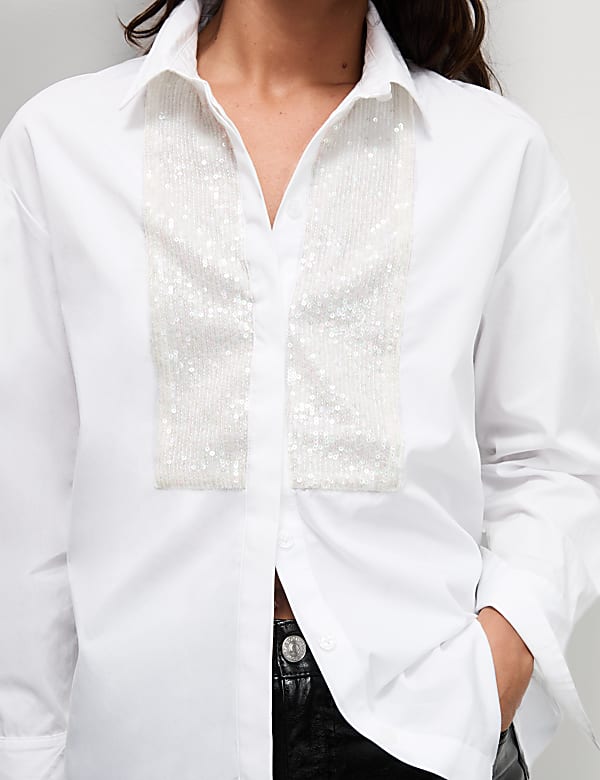Pure Cotton Sequin Sparkly Collared Shirt