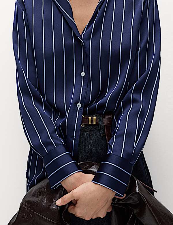 Satin Striped Collared V-Neck Shirt - RO