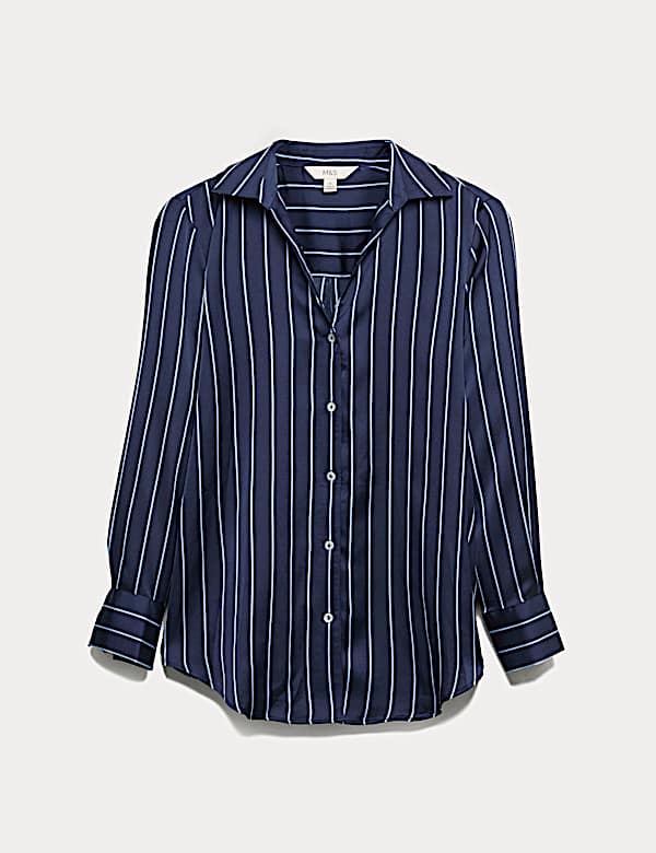 חולצת סטן עם צווארון, מחשוף וי ופסים - IL