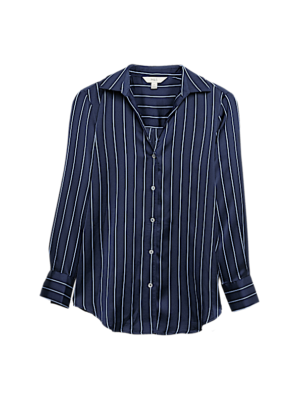 Satin Striped Collared V-Neck Shirt