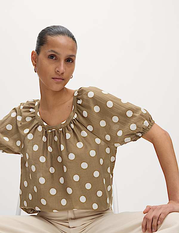 Lyocell Rich Printed Crew Neck Blouse