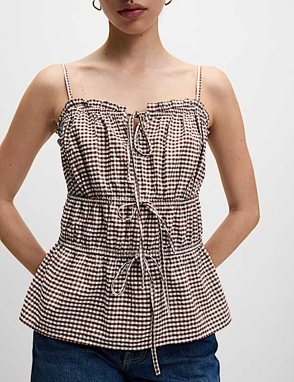 Modal Rich Gingham Tie Front Cami Top