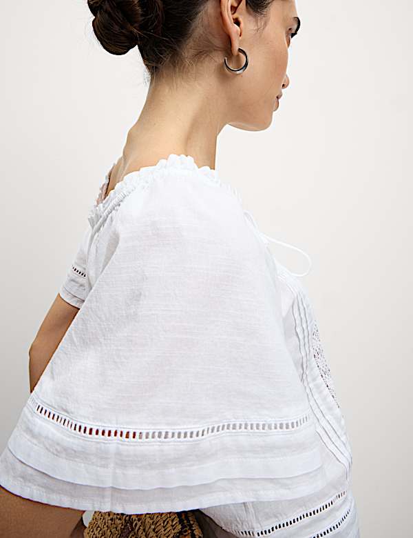 Pure Cotton Embroidered Tie Neck Top