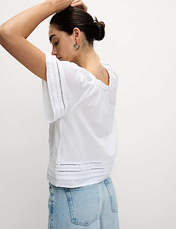 Pure Cotton Embroidered Tie Neck Top