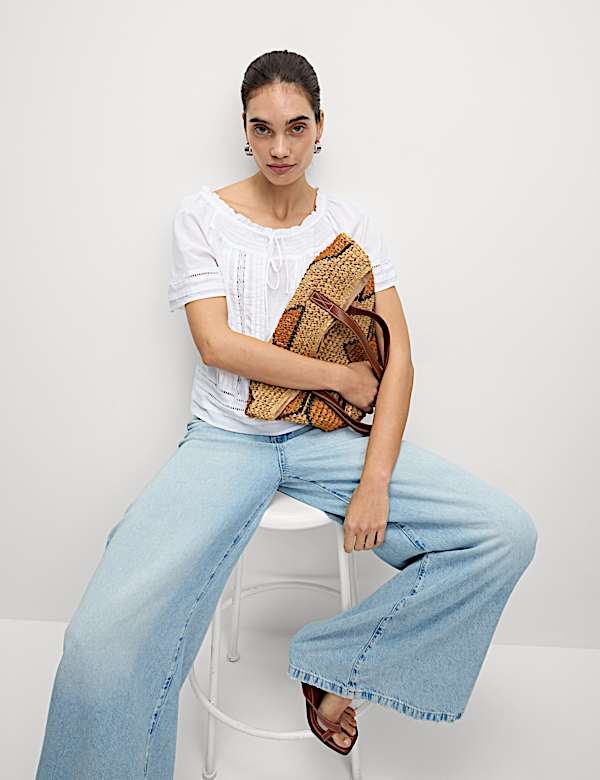 Pure Cotton Embroidered Tie Neck Top