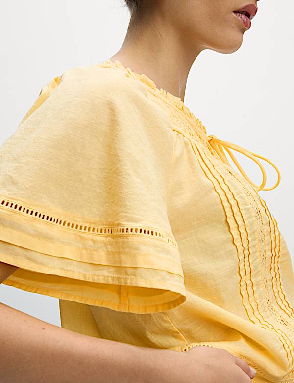 Pure Cotton Embroidered Tie Neck Top