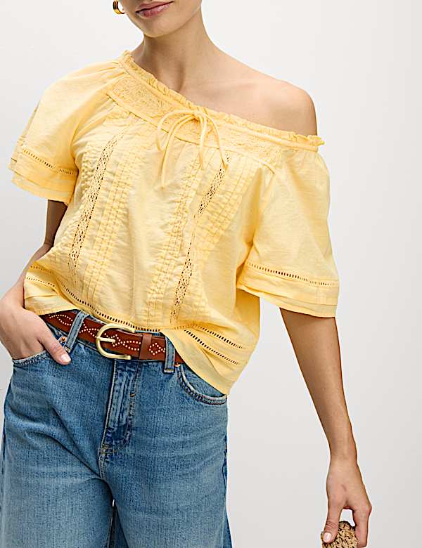 Pure Cotton Embroidered Tie Neck Top