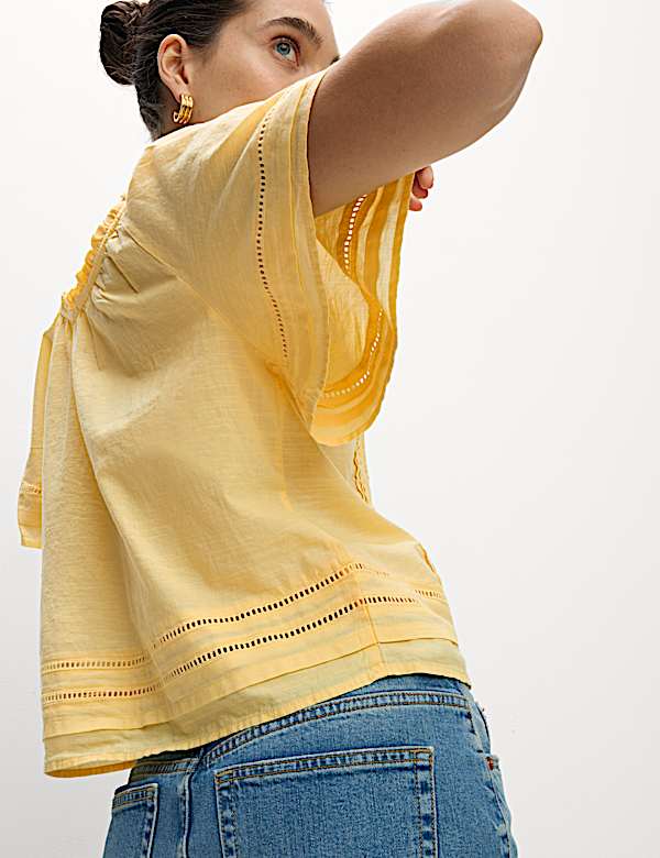 Pure Cotton Embroidered Tie Neck Top